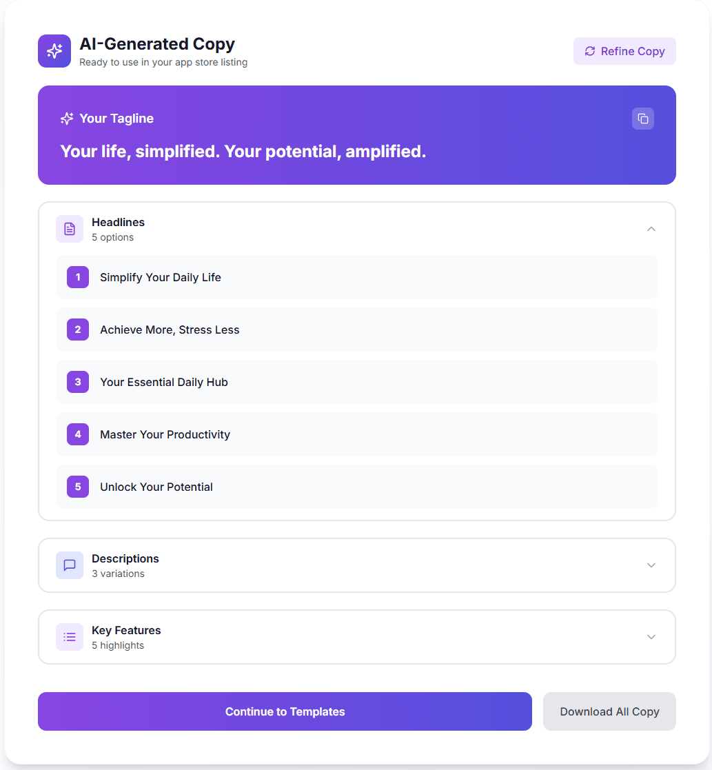 AppSnap AI copy generator interface for screenshot headlines