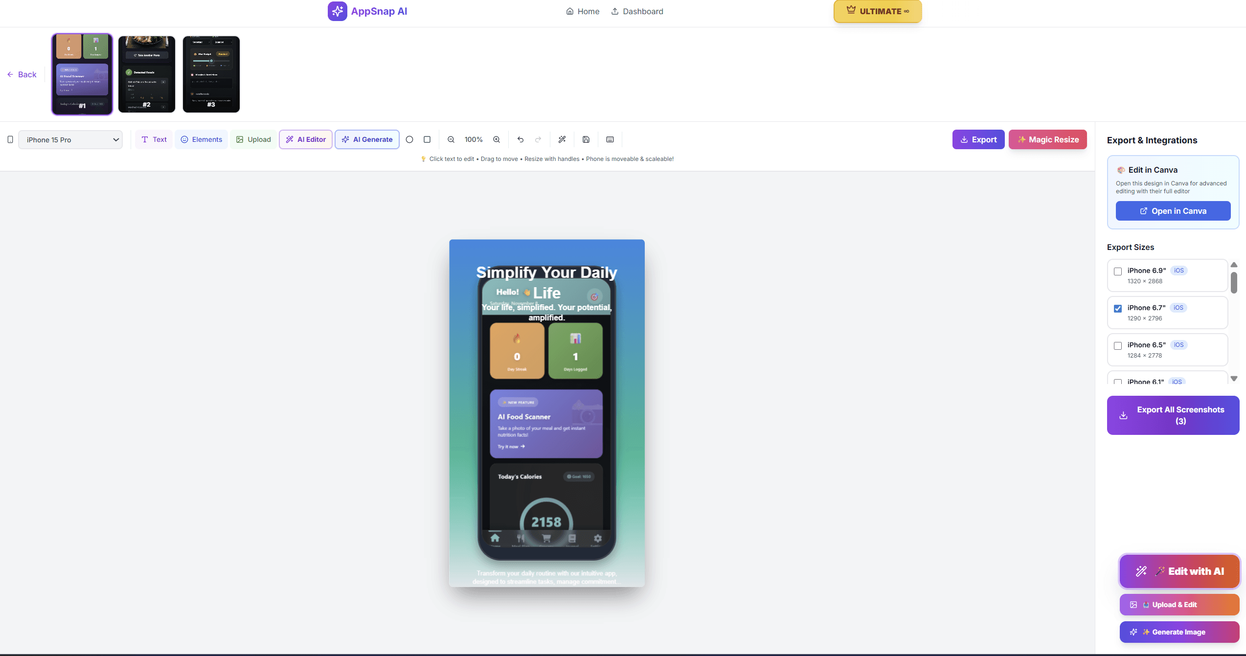 AppSnap AI editor showing screenshot layout controls and device previews