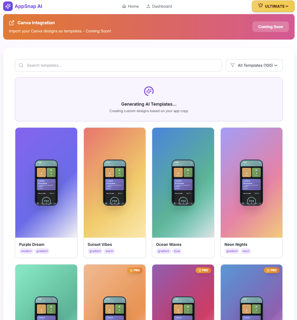 Template picker with AppSnap AI screenshot designs