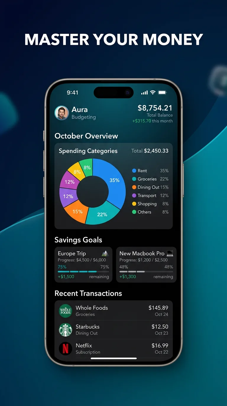 Finance app screenshots with strong type hierarchy and device frames