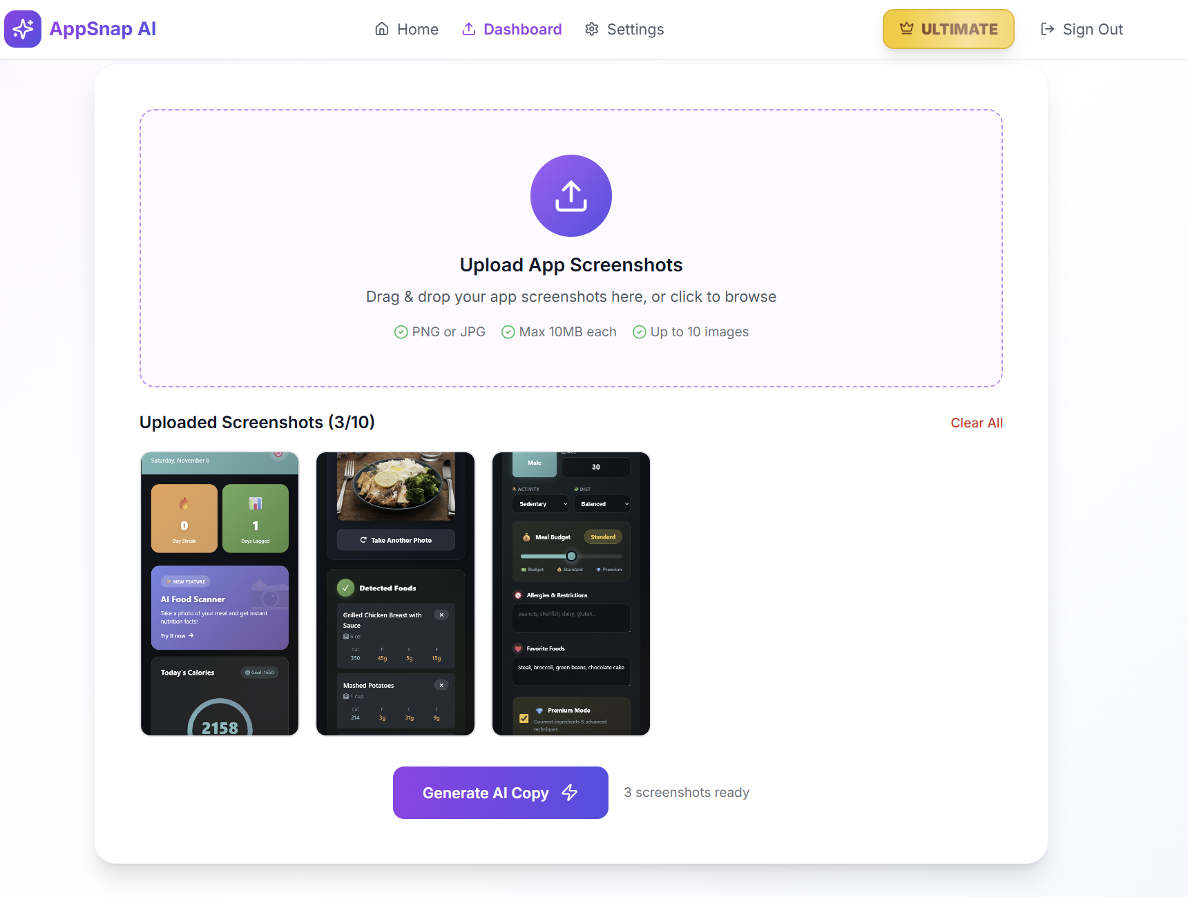 Upload screenshots to AppSnap AI - showing 3 uploaded app screenshots ready for AI processing